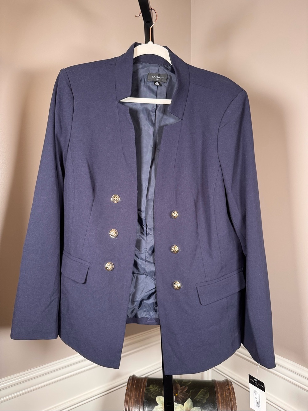 Tahari ASL Navy Faux Double Breasted Blazer Gold Button Jacket NWT Size 16 - Picture 2 of 8